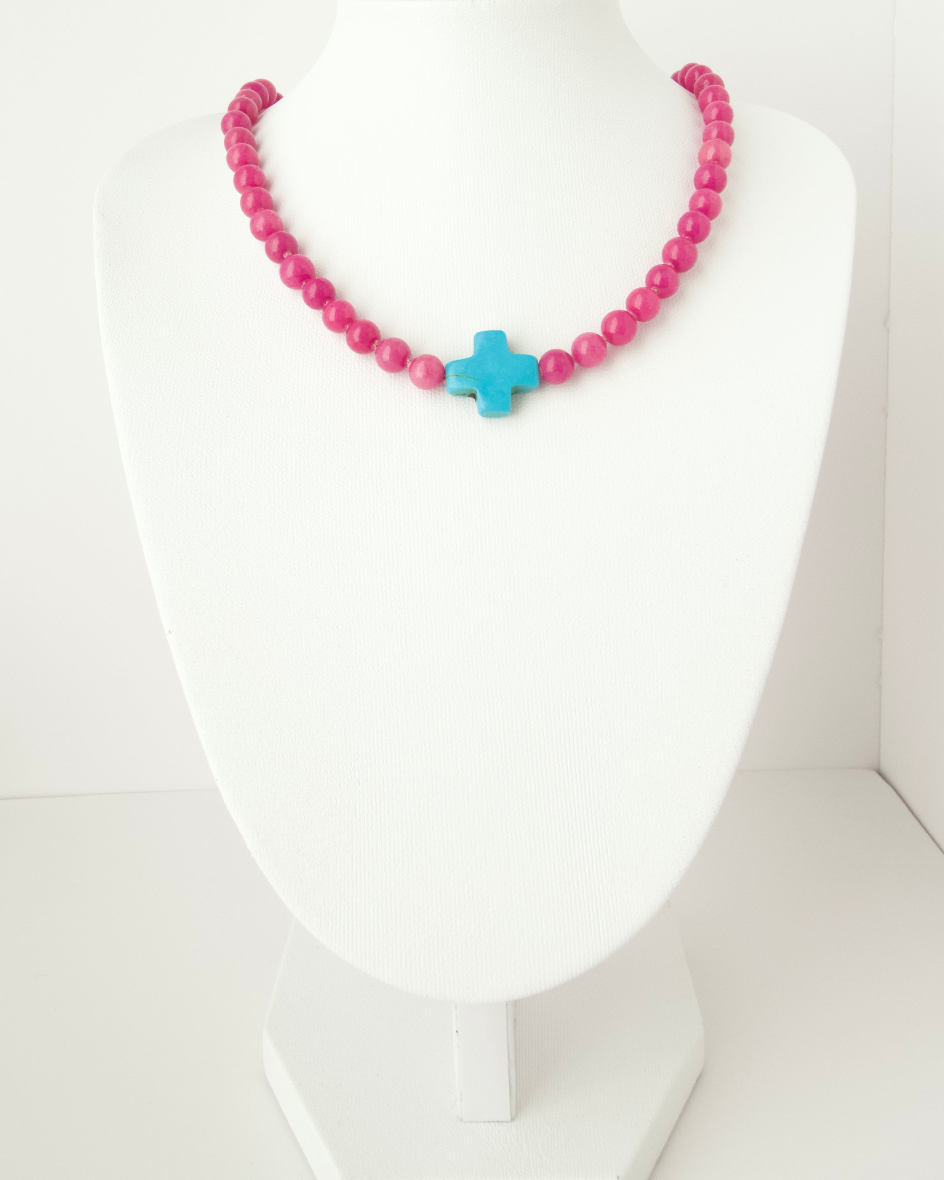 Pink Agate Petite Cross Bubblegum Gem Choker - 15"