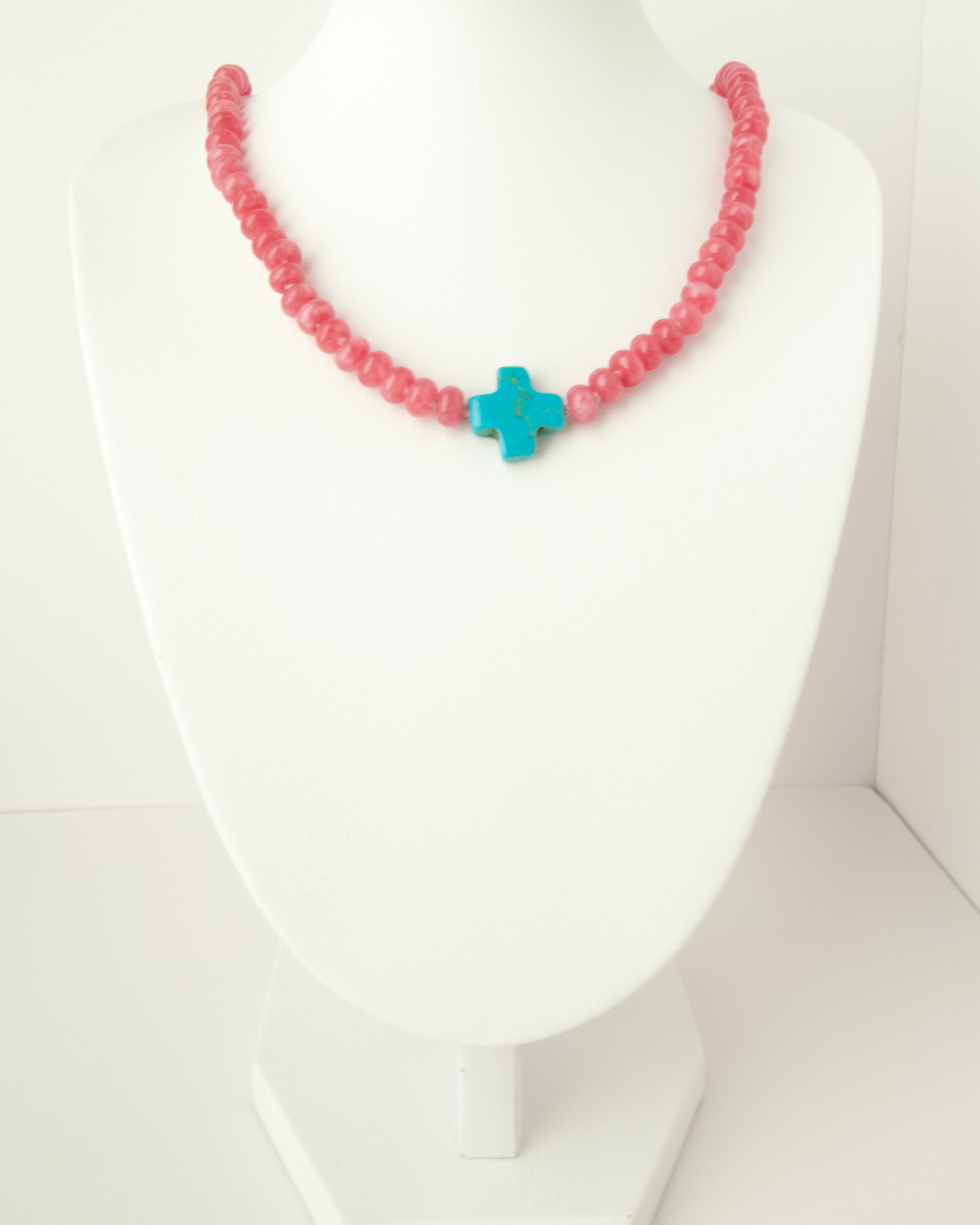 Coral Petite Cross Bubblegum Gem Necklace - 18"